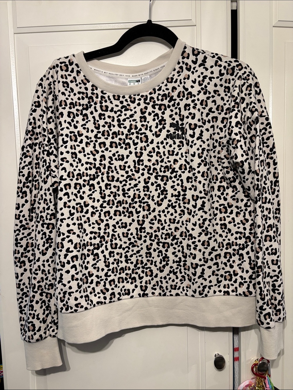 Puma Women's Leopard Crewneck Sweater - White with Black Spots